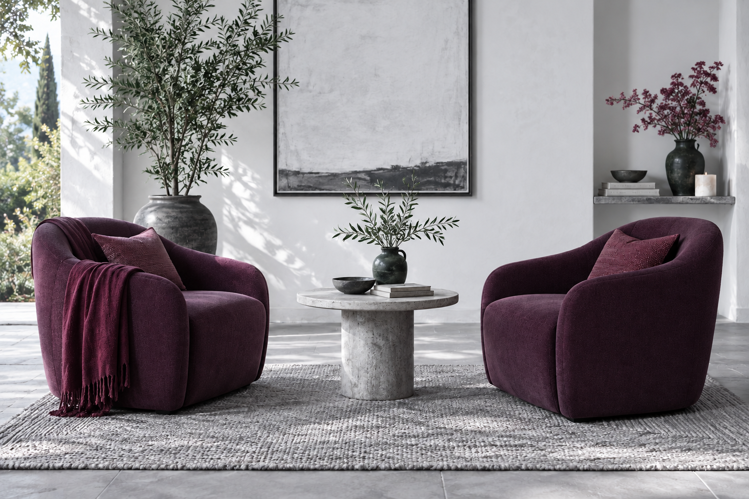 Two plum armchairs facing a small stone table in a light, quiet room